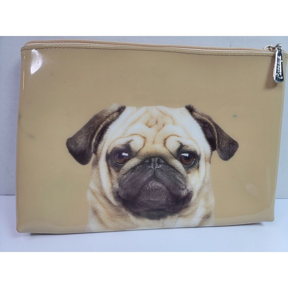 Catseye London Pug Dog Makeup Bag Beige Glossy Zipper Pouch Cosmetic Case